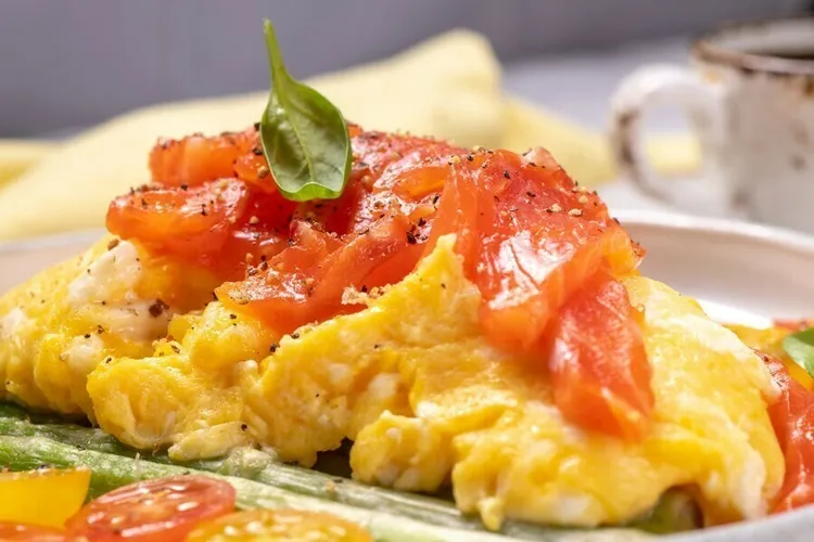 Smoked salmon and creamy scrambled eggs with chives