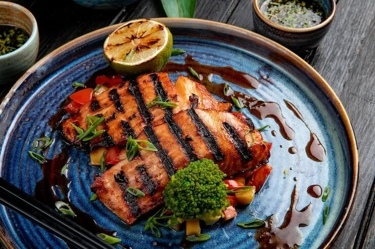 Teriyaki-style grilled salmon with sesame and soy