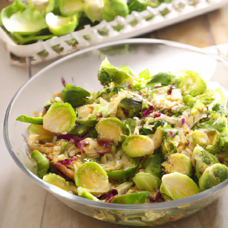 Brussels sprouts salad with mustard, pine nuts and parmesan cheese