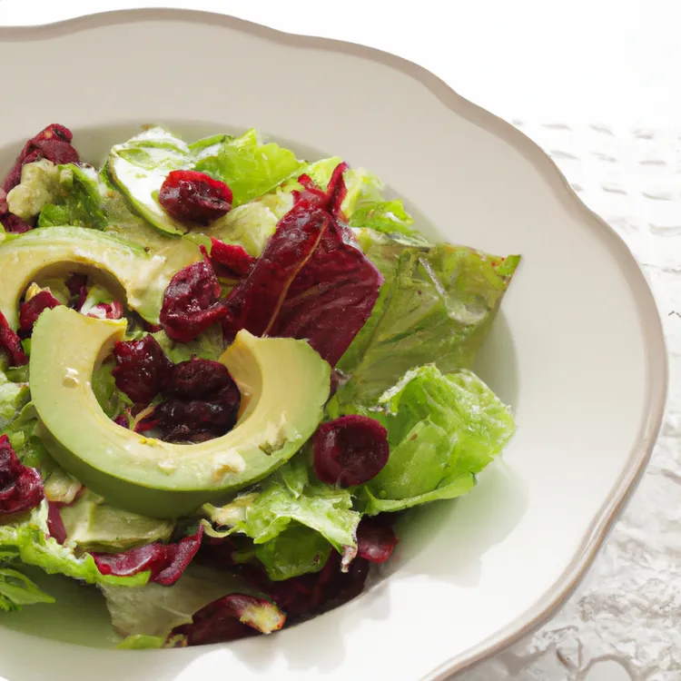 Fresh avocado and cranberry salad with almonds and italian dressing