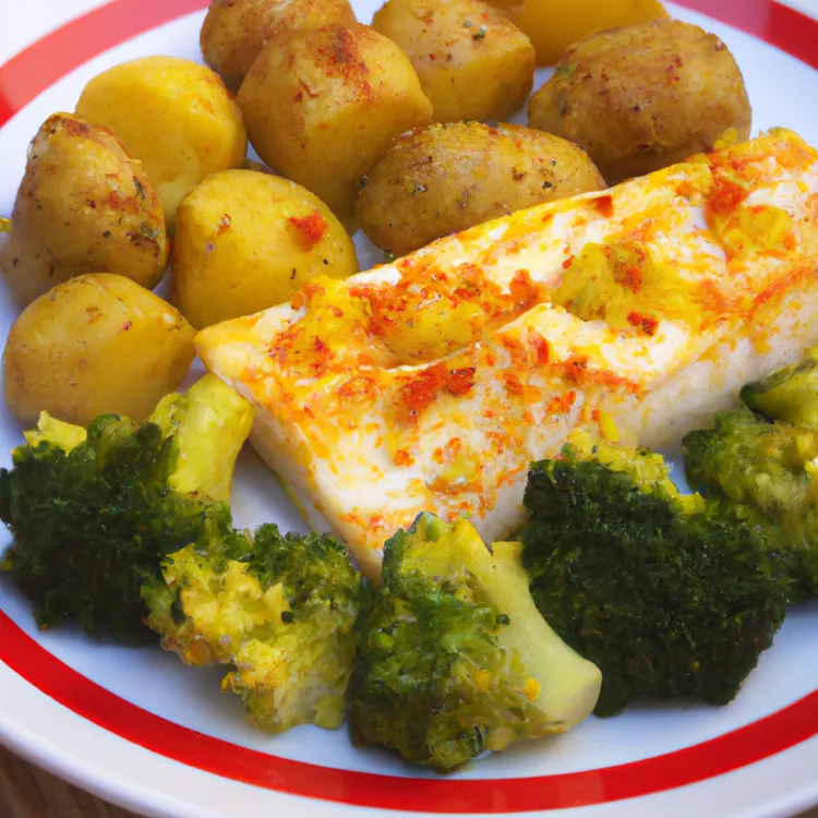 Paprika cod with roasted potatoes and broccoli