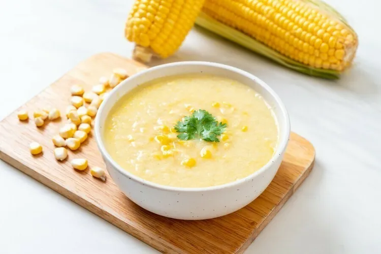Poblano and corn soup with cheddar cheese