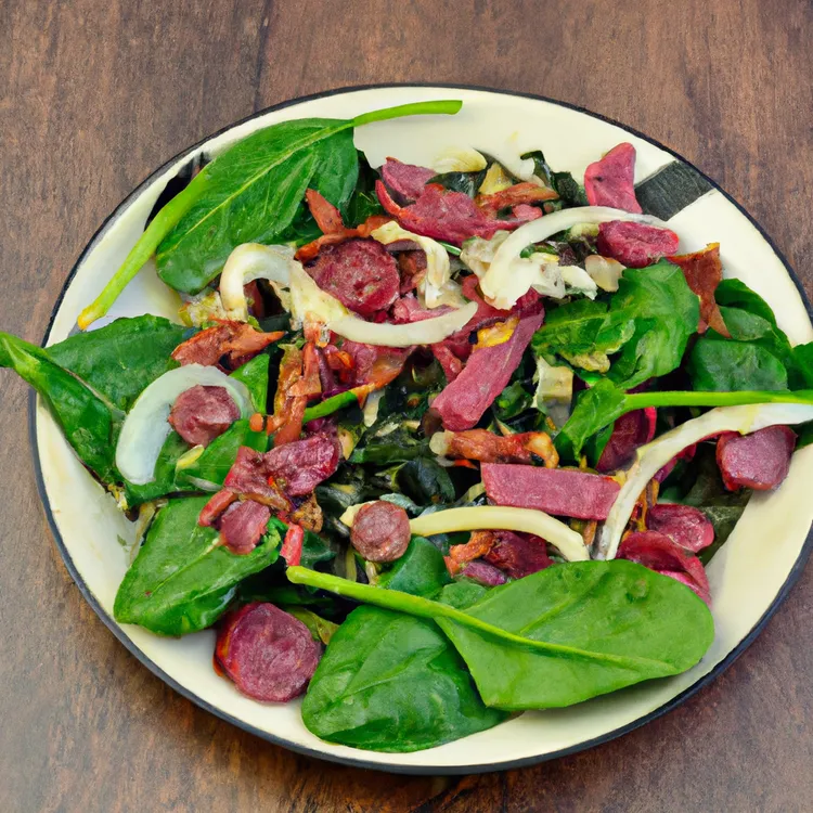 Warm spinach salad with crispy salami and onions
