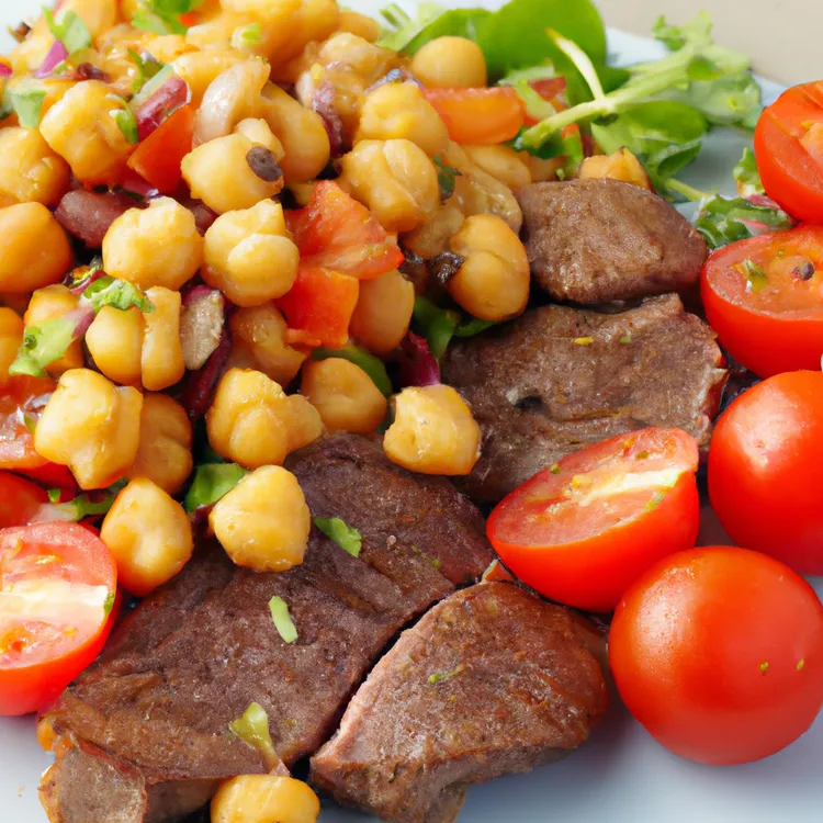 Grilled steak with tomato and chickpea salad