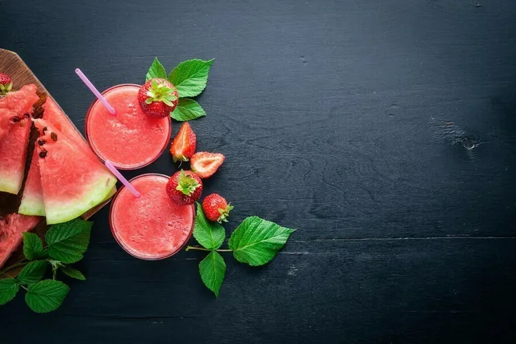 Strawberry watermelon smoothie with lime and maple syrup
