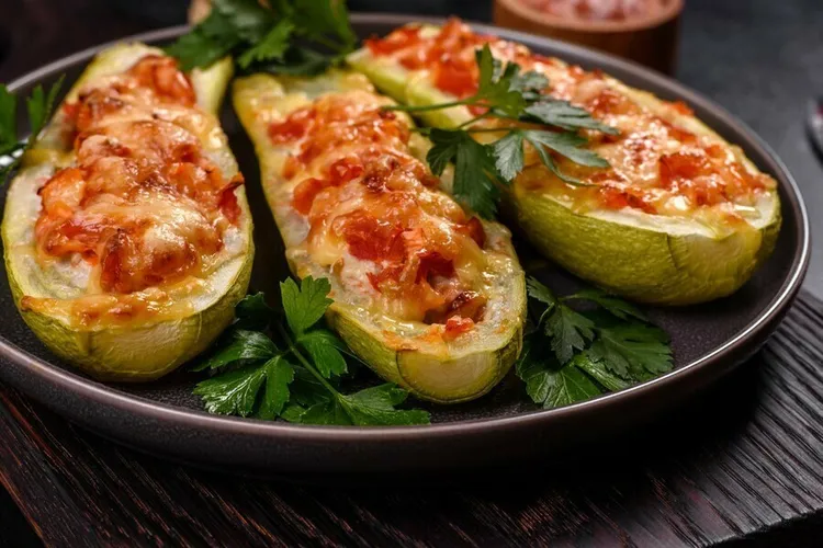 Sausage-stuffed zucchini with parmesan and herbs