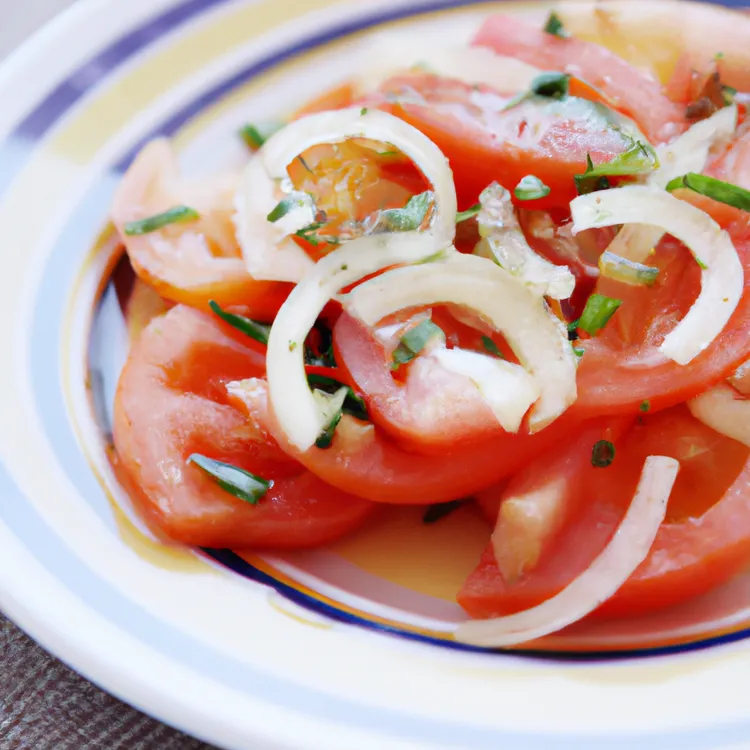 Summer tomato salad with olive oil, onion and vinegar