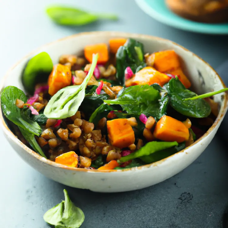 Sweet potato & lentil salad with spinach and red pepper