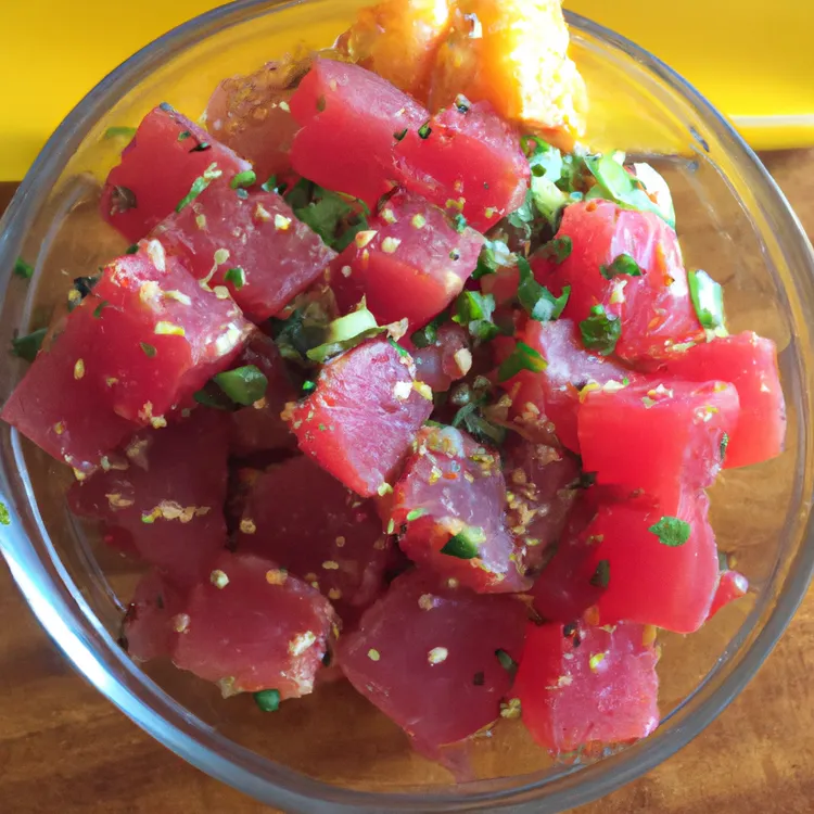Tuna poke bowl with sesame seeds and sweet soy sauce