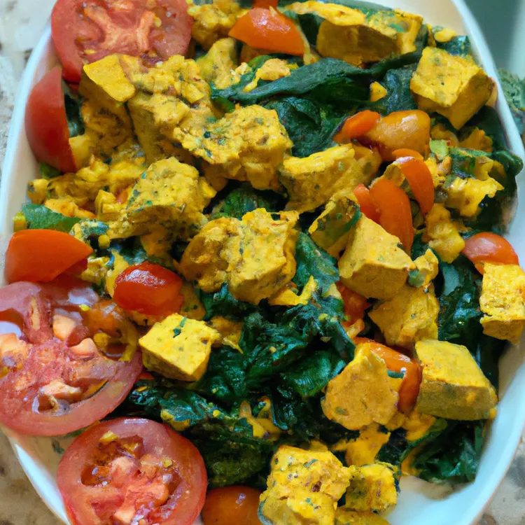 Vegan tofu spinach scramble with onions, tomatoes and basil