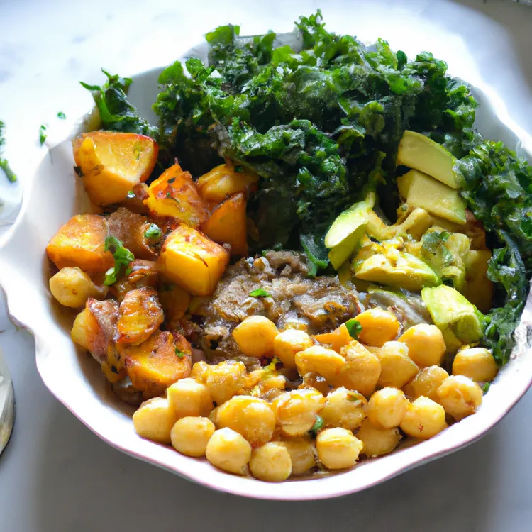 Vegan turmeric quinoa power bowls with potatoes, chickpeas, kale and avocado