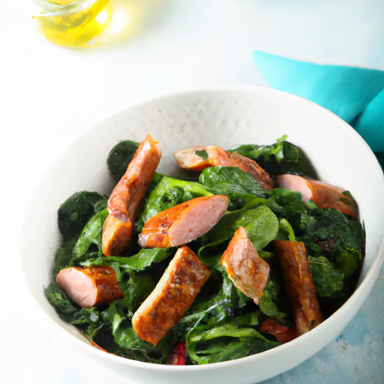 Grilled sausage and spinach salad with tomatoes and mustard-vinegar dressing