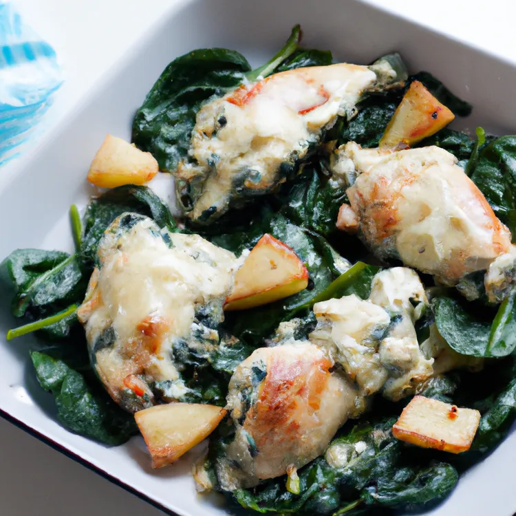 Baked chicken with spinach, pears and blue cheese