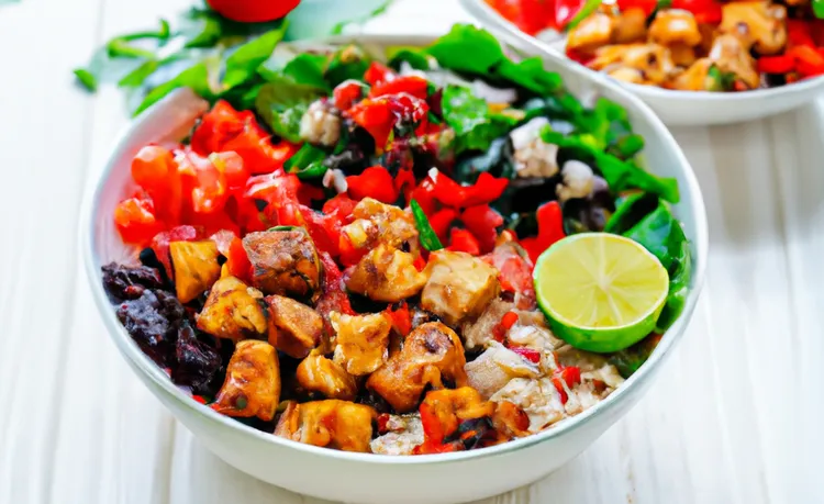 Smoky bbq chicken burrito bowls with rice, beans and veggies