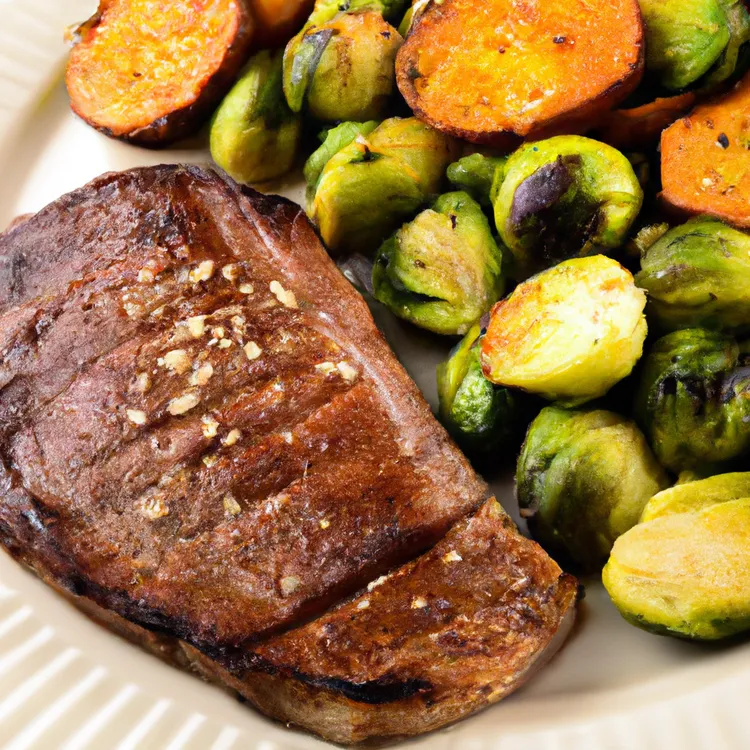 Broiled steak with brussels sprouts and sweet potatoes