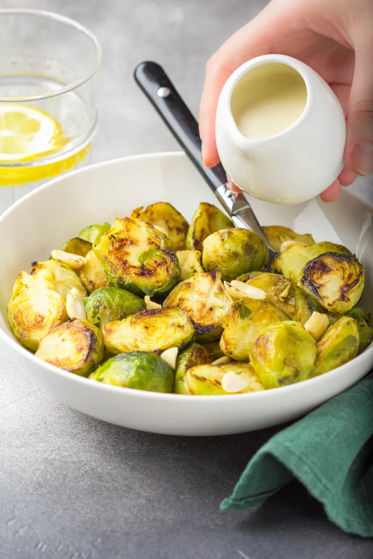 Roasted brussels sprouts with lemon tahini sauce