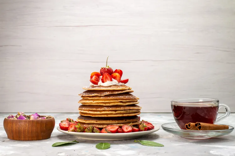 Coffee pancakes with breakfast fruits