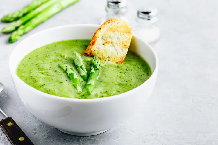 Pea, asparagus and rice soup with romano sticks