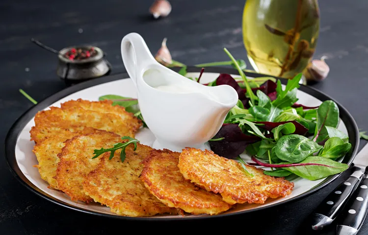 Ricotta and semi-dried tomato pancakes with rocket salad