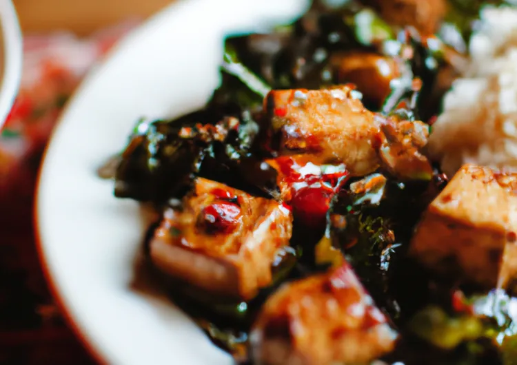 Roasted brussels sprouts and crispy baked tofu with honey glaze