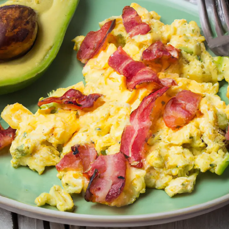 Scrambled eggs with bacon and avocado
