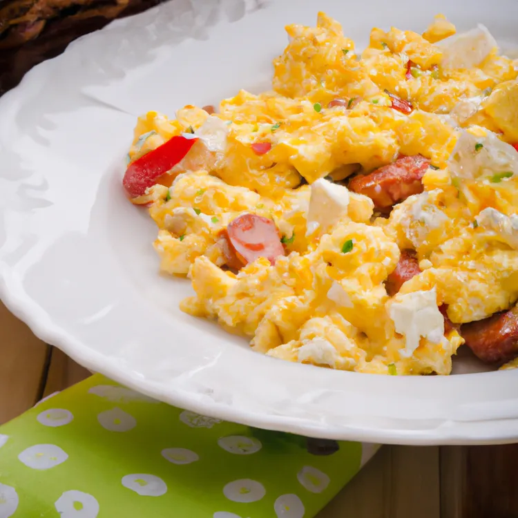 Scrambled eggs with sausage and feta