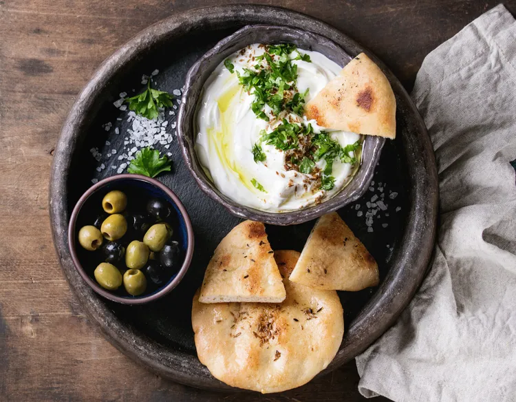 Feta and green olive dip with chargrilled bread