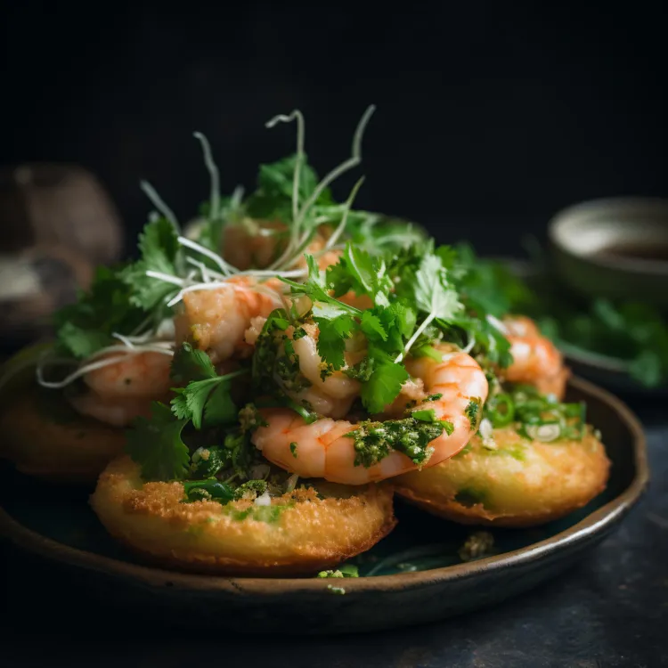Pea fritters with shrimps and mint cream