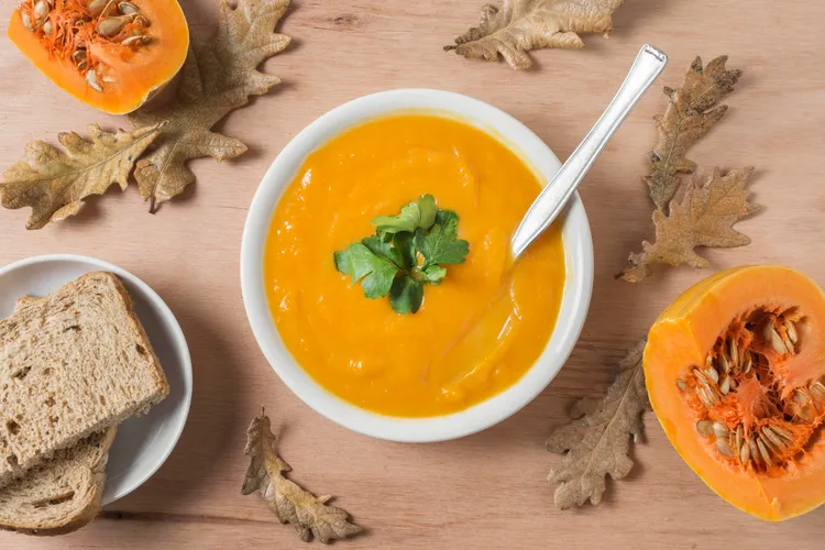 Super quick pumpkin soup with floating cheese toastie