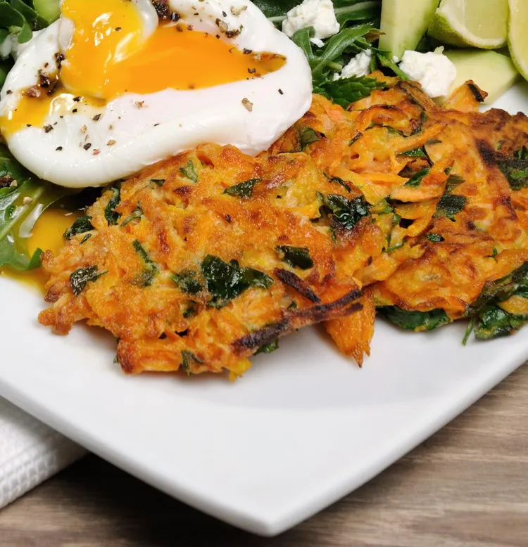 Sweet potato and kimchi fritters with fried eggs