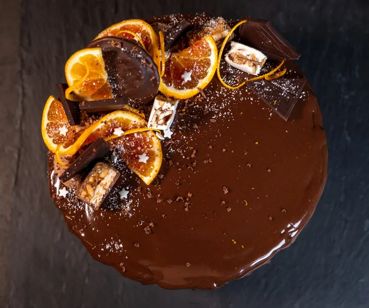 Chocolate swirl cake with glazed oranges