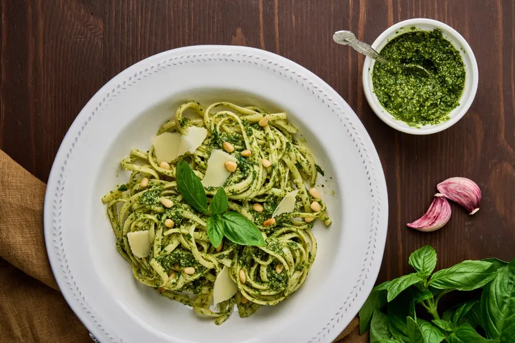 Fresh pasta with basil pesto