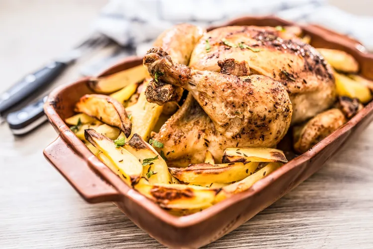 Roast chicken with prune and walnut stuffing