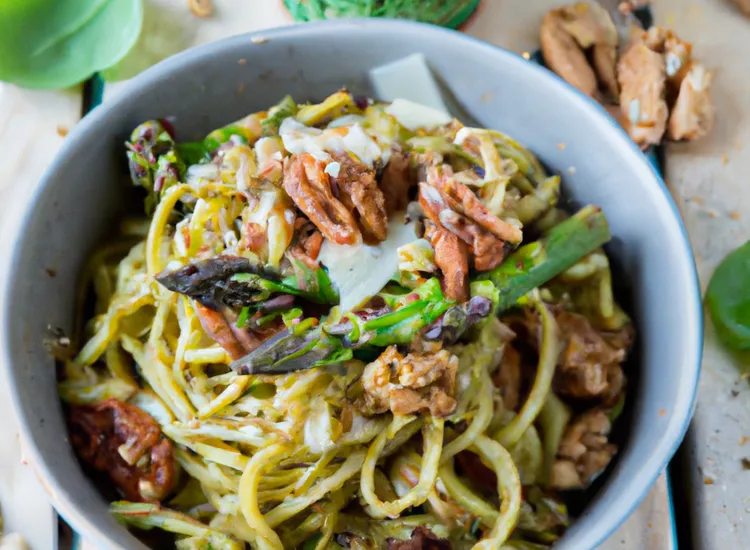 Spaghetti with asparagus and spinach pesto