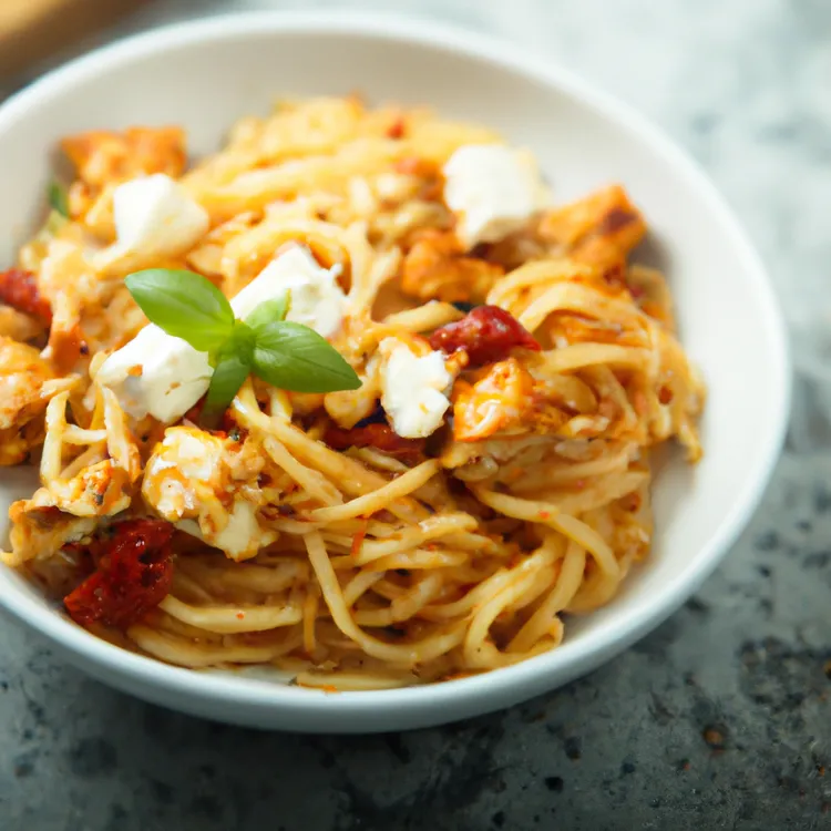Spaghetti with chicken and semi-dried tomato pesto