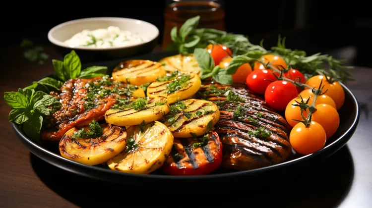 Barbecued steaks with barbecued tomatoes, potatoes and onions