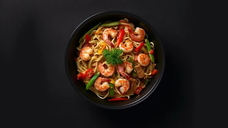 Chilli basil shrimp stir-fry with noodles