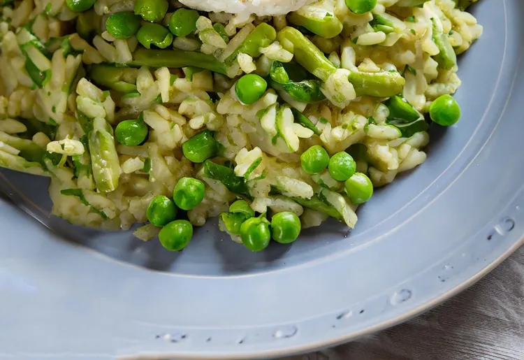 Risotto primavera with lemon and herb chicken