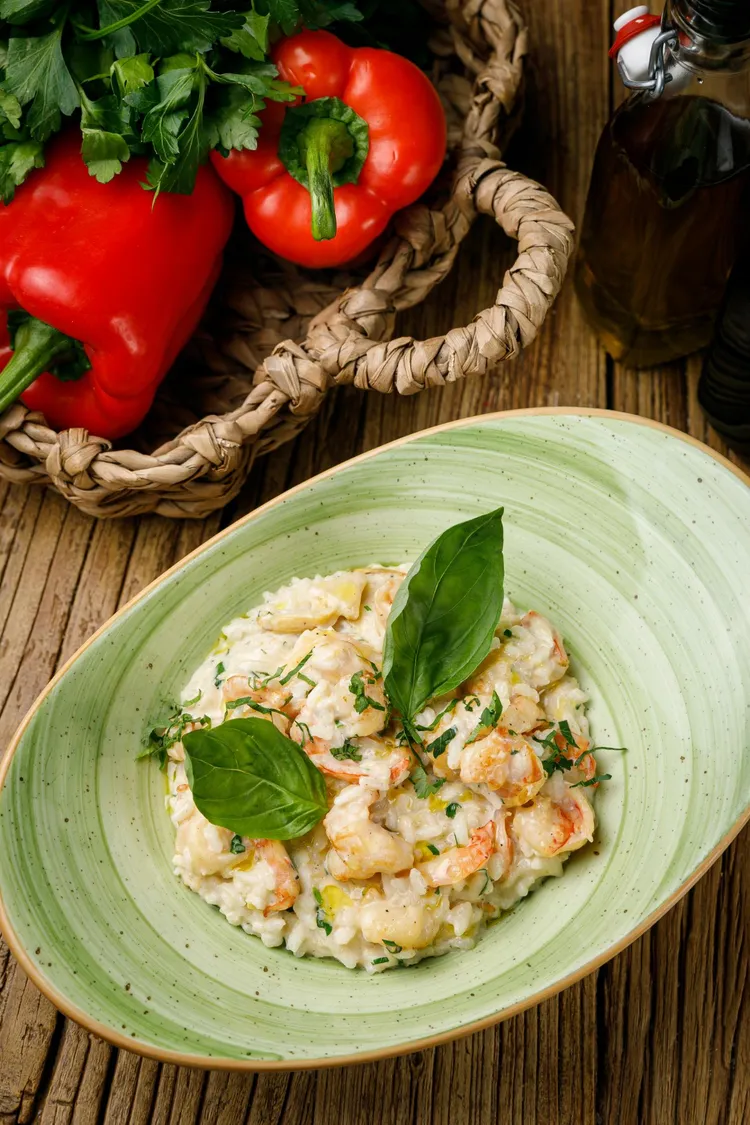 Shrimp, pea and barley risotto with lemon minted fetta