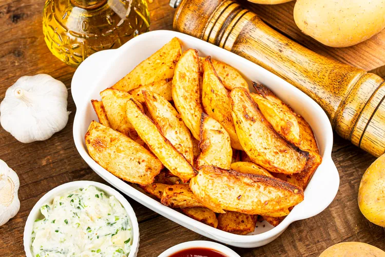 Spicy potato wedges with sour cream