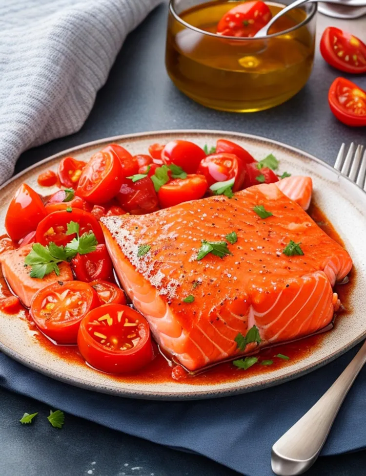 Baked tomato and leek salmon with caper sauce