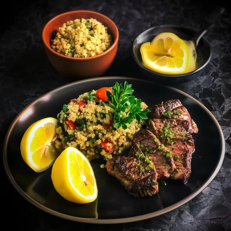 Barbecue steak with spices and tomato couscous