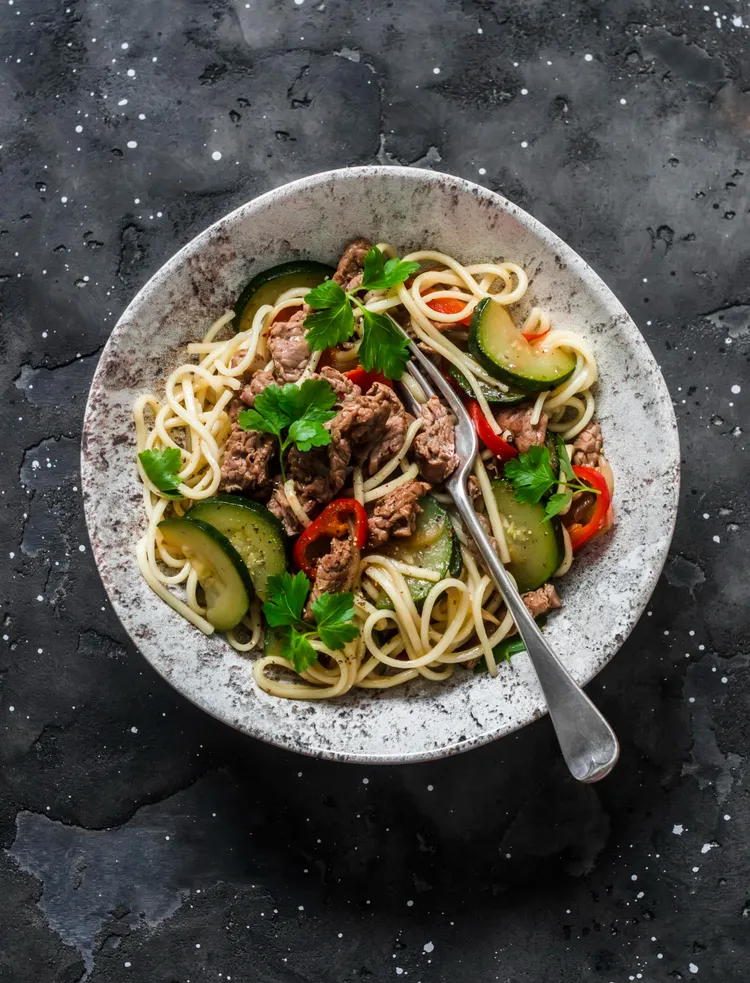 Beef, pickled cucumber and soba noodle salad