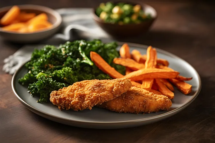 Crumbed fish with sweet potato chips