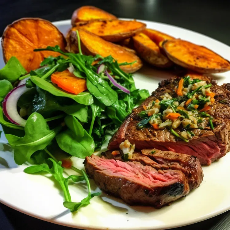 Honey-soy beef with sweet potato and asian greens