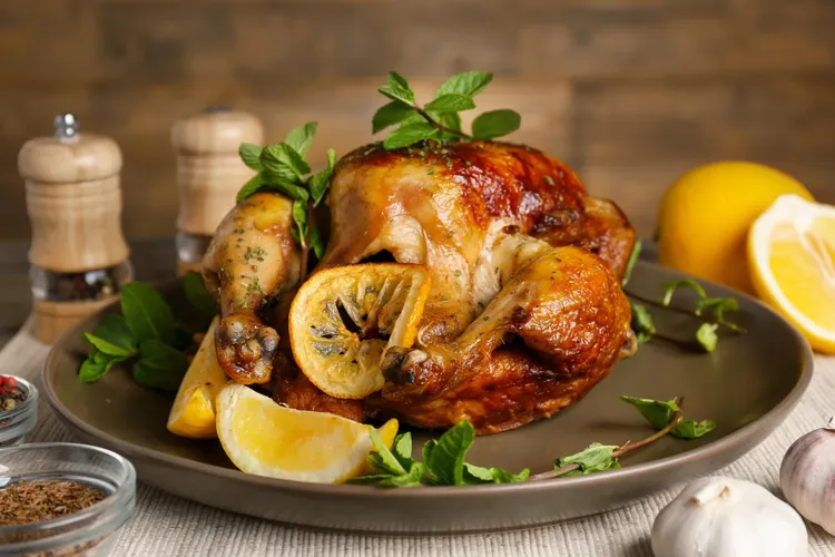 Lemon, garlic and thyme roast chickens