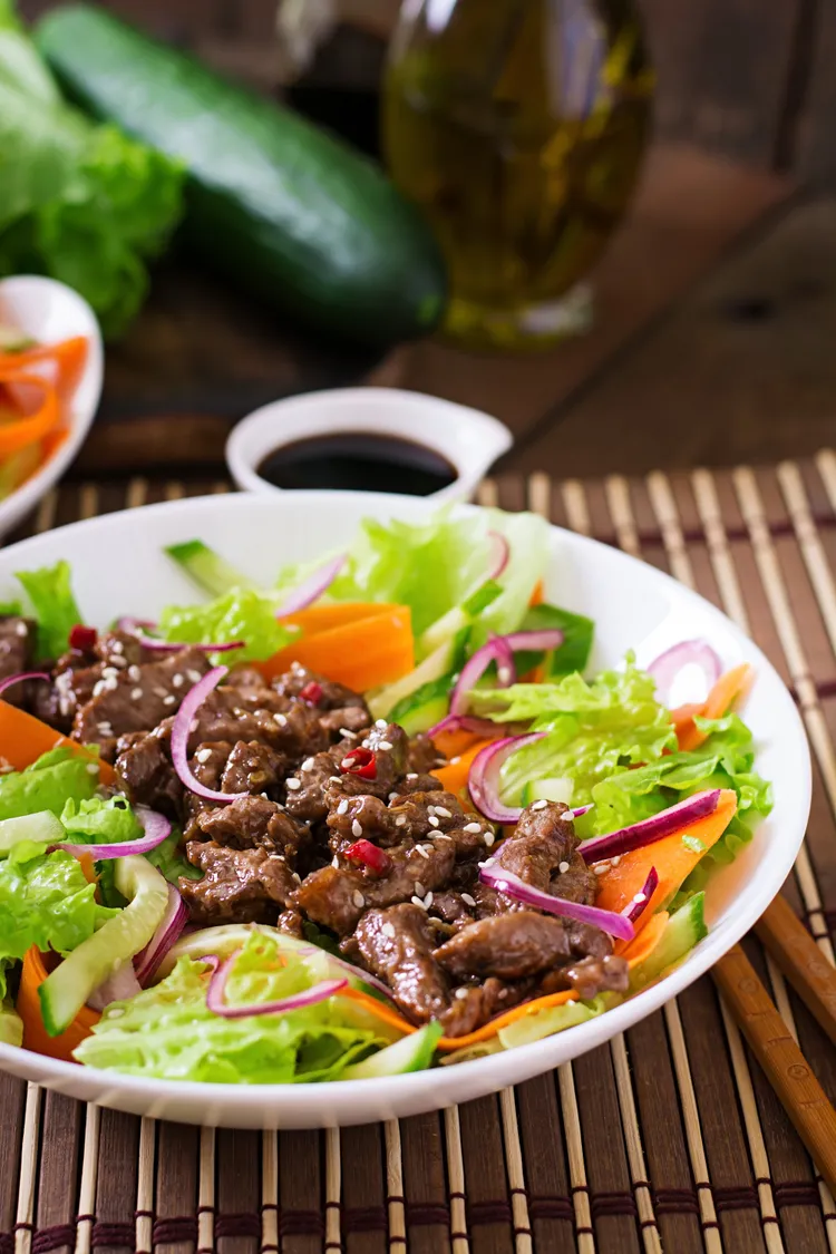 Mustard beef with honey carrot and bean salad