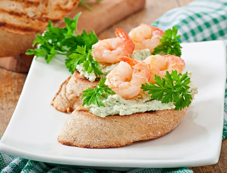 Shrimp, avocado and lime crostini with rouille