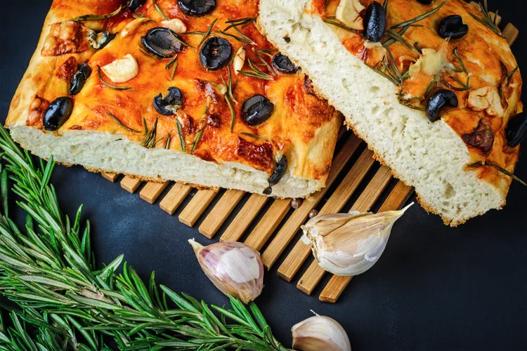 Carrot, garlic and olive focaccia