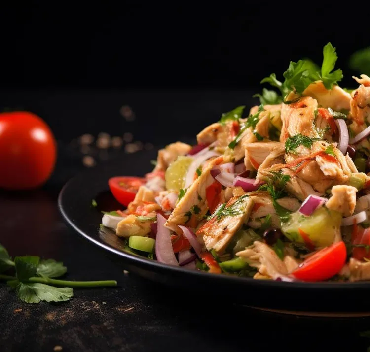 Chicken salad with tomato, capers and garlic croutons